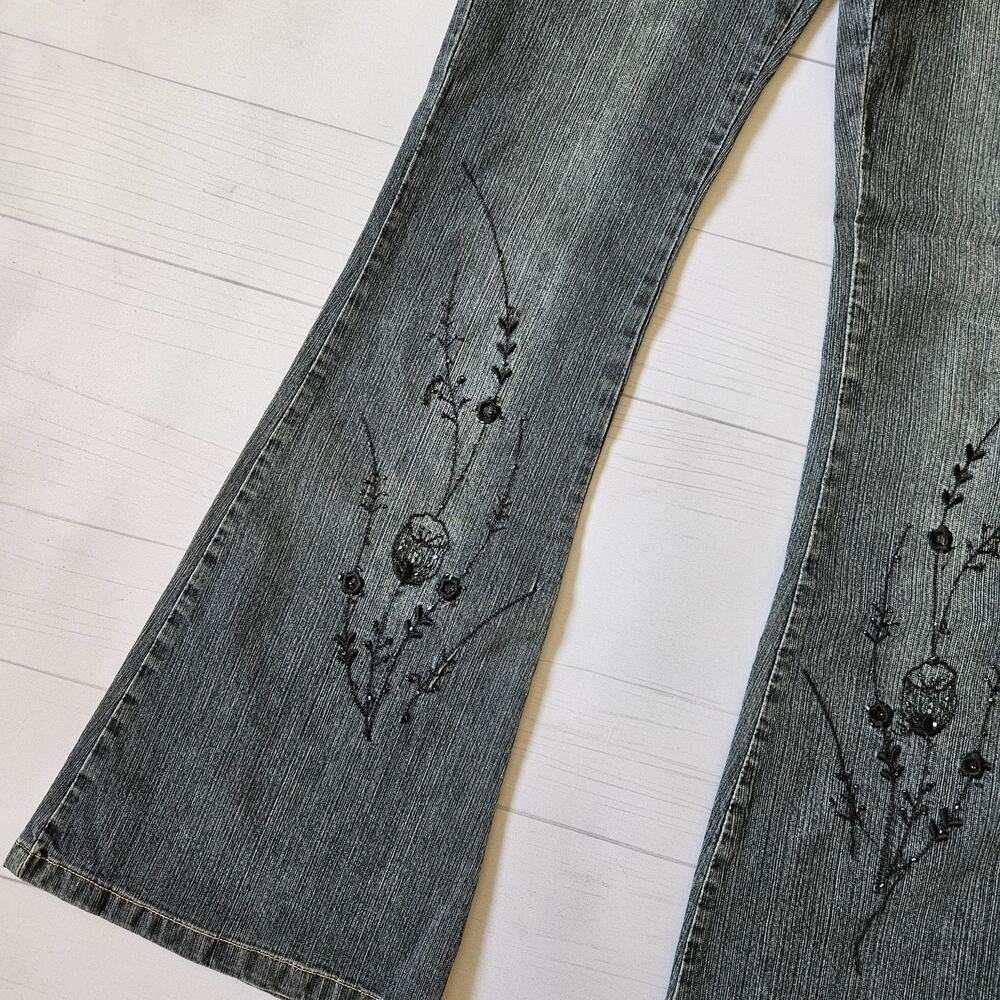 Euro Y2k Jeans Flared Whimsigoth Gray Butterfly Embroidered Sequin - Size Small - Picture 4 of 8